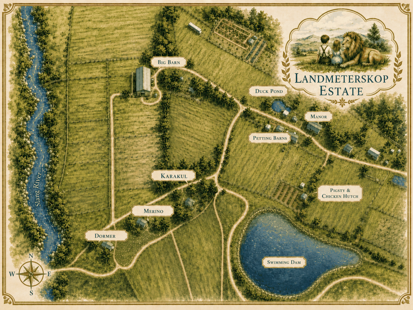 Illustrated Landmeterskop farm map showing cottages, the swimming dam and farm roads