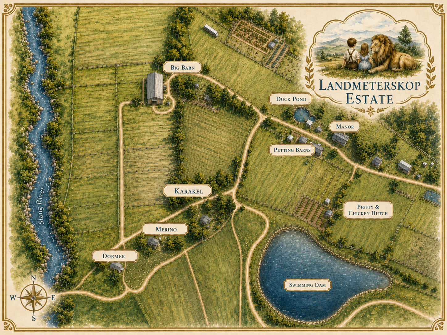 Illustrated Landmeterskop Estate farm map showing Karakul, Merino, Dormer, Duck Pond, swimming dam and farm areas
